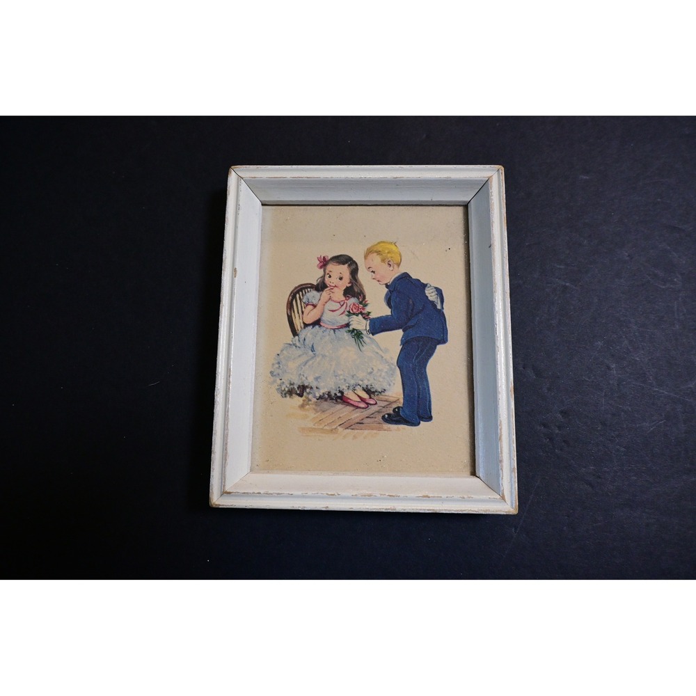 Vintage 1950s Donald Art Inc 1834 Boy Girl Flowers Framed Lithograph